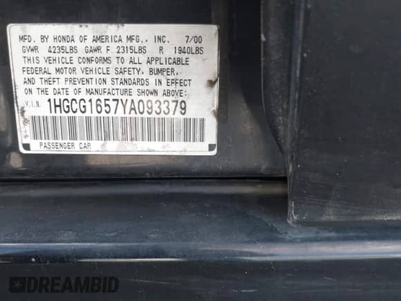 2000 Honda Accord EX with VIN 1HGCG1657YA093379, listed as a IAAI auction lot 43408025 with 259,240 mi miles and . Bid and sale history available at DreamBid. Image 9.