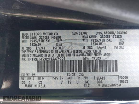 2002 Ford Econoline Cargo with VIN 1FTRE142X2HA67221, listed as a IAAI auction lot 42079493 with 180,324 mi miles and . Bid and sale history available at DreamBid. Image 9.