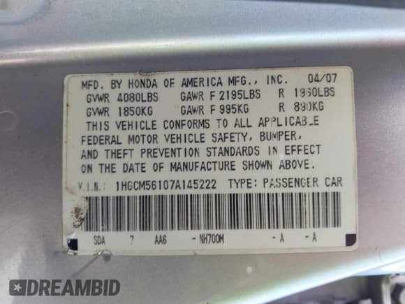 2007 Honda Accord VP с VIN 1HGCM56107A145222, выставлен на аукционе IAAI как лот 42837676 с пробегом 279 432 миль миль и . История ставок и продаж доступна на DreamBid. Изображение 9.