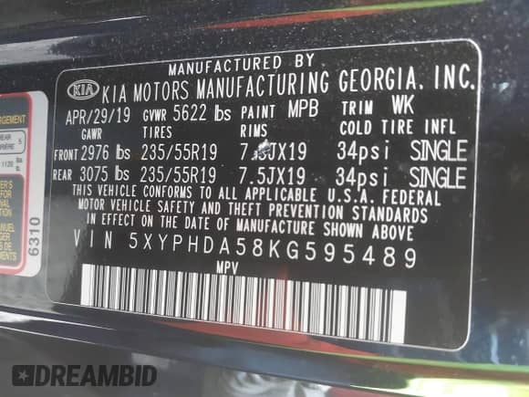2019 Kia Sorento EX z VIN 5XYPHDA58KG595489, wystawiony jako IAAI lot #41886735 z przebiegiem 73 115 mil mil oraz . Historia ofert i sprzedaży dostępna na DreamBid. Obrazek 9.