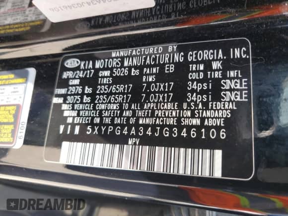 2018 Kia Sorento LX z VIN 5XYPG4A34JG346106, wystawiony jako Copart lot #60173235 z przebiegiem 76 156 mil mil oraz Szkoda całkowita • Salvage title. Historia ofert i sprzedaży dostępna na DreamBid. Obrazek 13.