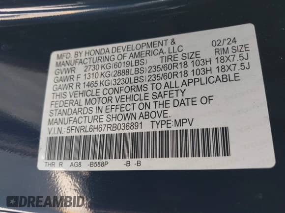 2024 Honda Odyssey EX-L с VIN 5FNRL6H67RB036891, выставлен на аукционе IAAI как лот 42462210 с пробегом 15 284 миль миль и . История ставок и продаж доступна на DreamBid. Изображение 9.