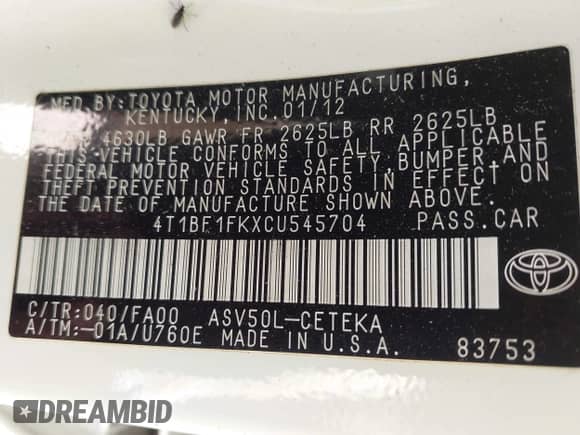 2012 Toyota Camry L z VIN 4T1BF1FKXCU545704, wystawiony jako IAAI lot #42434260 z przebiegiem 143 572 mil mil oraz . Historia ofert i sprzedaży dostępna na DreamBid. Obrazek 9.