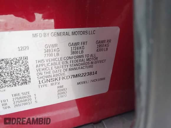 2021 Chevrolet Suburban Premier z VIN 1GNSKFKD7MR223814, wystawiony jako IAAI lot #41491296 z przebiegiem 78 739 mil mil oraz . Historia ofert i sprzedaży dostępna na DreamBid. Obrazek 9.