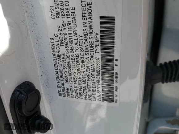 2021 Honda Pilot EX-L with VIN 5FNYF6H51MB098337, listed as a Copart auction lot 65966345 with Not provided miles and Salvage title. Bid and sale history available at DreamBid. Image 12.