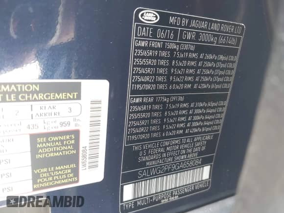 2016 Land Rover Range Rover Sport SE with VIN SALWG2PF9GA658084, listed as a IAAI auction lot 42084446 with 95,226 mi miles and . Bid and sale history available at DreamBid. Image 9.