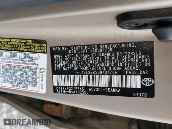 2006 Toyota Camry LE with VIN 4T1BE32K56U737704, listed as a Copart auction lot 81472665 with 166,845 mi miles and Salvage title. Bid and sale history available at DreamBid. Image 12.