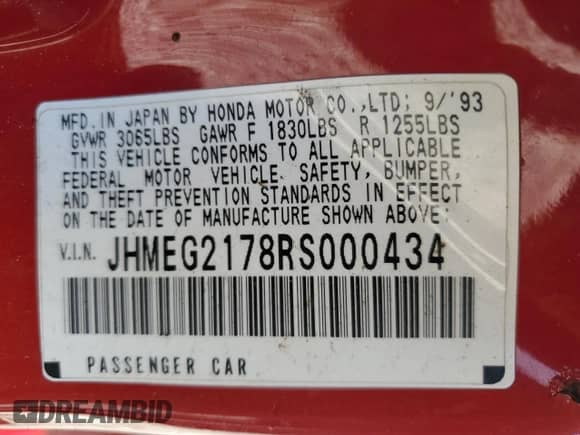 1994 Honda Civic with VIN JHMEG2178RS000434, listed as a Copart auction lot 43413195 with Not provided miles and Non repairable. Bid and sale history available at DreamBid. Image 12.