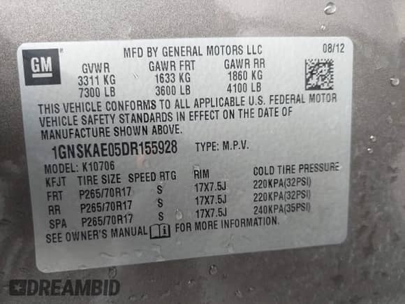 2013 Chevrolet Tahoe LS with VIN 1GNSKAE05DR155928, listed as a IAAI auction lot 42337097 with 191,634 mi miles and . Bid and sale history available at DreamBid. Image 9.