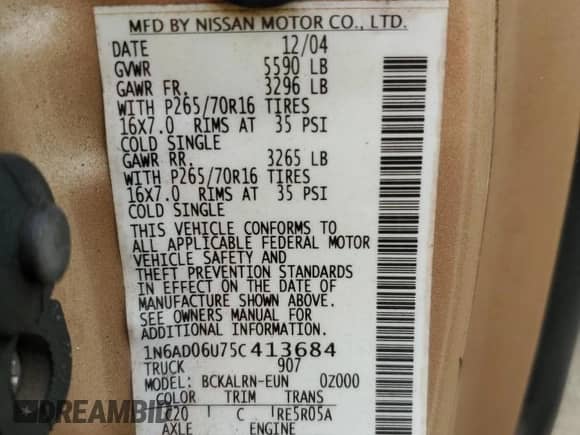 2005 Nissan Frontier SE with VIN 1N6AD06U75C413684, listed as a Copart auction lot 65918035 with 227,818 mi miles and Salvage title. Bid and sale history available at DreamBid. Image 13.