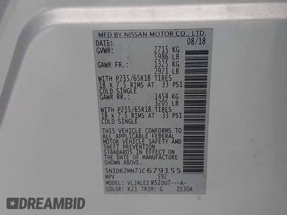 2018 Nissan Pathfinder SL with VIN 5N1DR2MN7JC679155, listed as a IAAI auction lot 42546774 with 105,614 mi miles and . Bid and sale history available at DreamBid. Image 9.