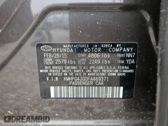 2015 Hyundai Azera with VIN KMHFG4JG0FA469371, listed as a Copart auction lot 58445185 with 125,455 mi miles and Clean title. Bid and sale history available at DreamBid. Image 12.