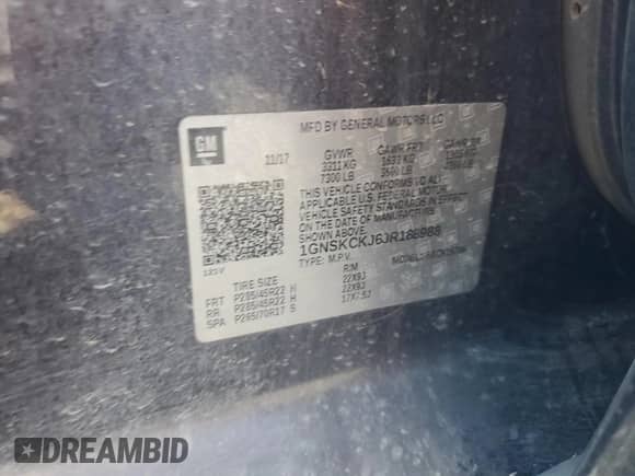 2018 Chevrolet Tahoe Premier с VIN 1GNSKCKJ6JR188988, выставлен на аукционе Copart как лот 69462375 с пробегом Не указан миль и Списание • Salvage title. История ставок и продаж доступна на DreamBid. Изображение 13.