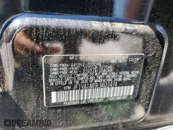 2020 Subaru WRX with VIN JF1VA1A69L9811474, listed as a Copart auction lot 68358675 with 46,093 mi miles and Salvage title. Bid and sale history available at DreamBid. Image 12.