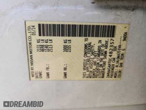 2014 Nissan Maxima S with VIN 1N4AA5AP7EC482357, listed as a Copart auction lot 82229995 with 139,214 mi miles and Salvage title. Bid and sale history available at DreamBid. Image 13.