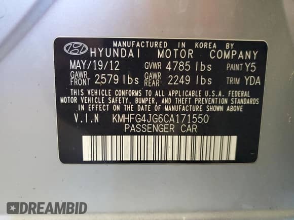 2012 Hyundai Azera with VIN KMHFG4JG6CA171550, listed as a Copart auction lot 85514565 with 114,822 mi miles and Clean title. Bid and sale history available at DreamBid. Image 12.