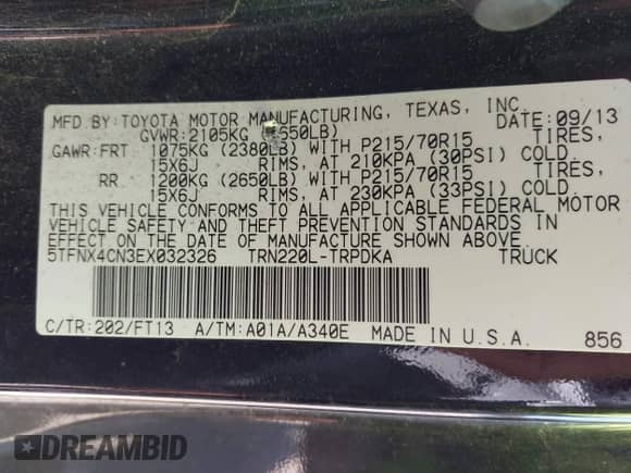 2014 Toyota Tacoma с VIN 5TFNX4CN3EX032326, выставлен на аукционе IAAI как лот 43311147 с пробегом 183 073 миль миль и . История ставок и продаж доступна на DreamBid. Изображение 9.