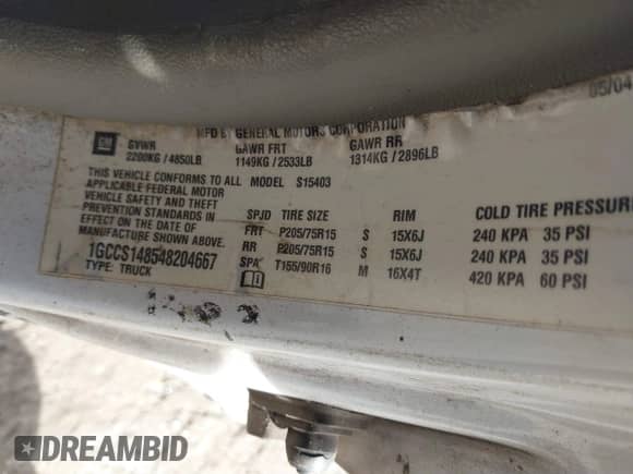 2004 Chevrolet Colorado Z85 with VIN 1GCCS148548204667, listed as a IAAI auction lot 40158651 with 261,398 mi miles and . Bid and sale history available at DreamBid. Image 9.