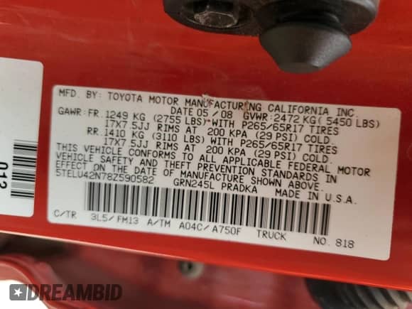 2008 Toyota Tacoma with VIN 5TELU42N78Z590582, listed as a Copart auction lot 66179985 with 215,606 mi miles and Salvage title. Bid and sale history available at DreamBid. Image 12.
