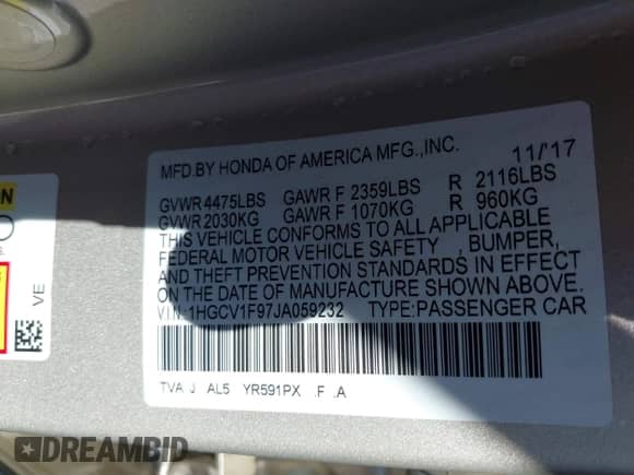 2018 Honda Accord Touring z VIN 1HGCV1F97JA059232, wystawiony jako IAAI lot #43447830 z przebiegiem 39 014 mil mil oraz . Historia ofert i sprzedaży dostępna na DreamBid. Obrazek 9.