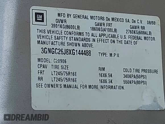 1999 Chevrolet Suburban with VIN 3GNGC26J8XG144488, listed as a IAAI auction lot 42486287 with 219,196 mi miles and . Bid and sale history available at DreamBid. Image 9.