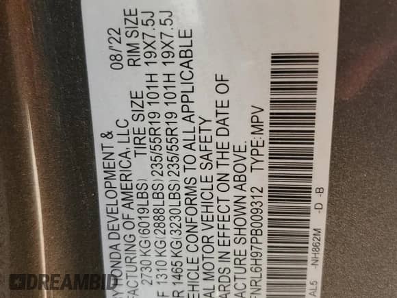 2023 Honda Odyssey Elite с VIN 5FNRL6H97PB009312, выставлен на аукционе Copart как лот 69395615 с пробегом Не указан миль и Списание • Salvage title. История ставок и продаж доступна на DreamBid. Изображение 13.