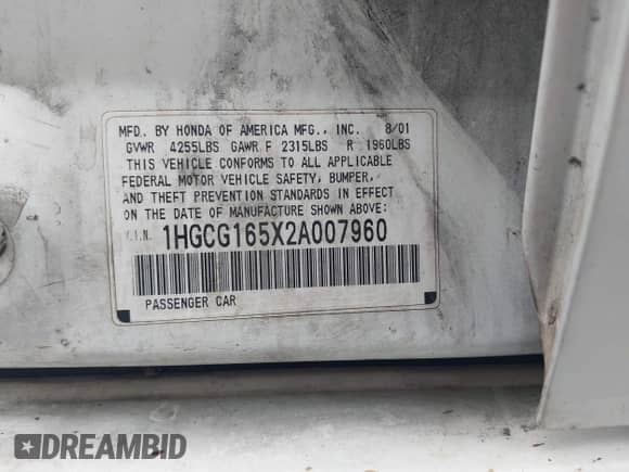 2002 Honda Accord EX with VIN 1HGCG165X2A007960, listed as a IAAI auction lot 43339598 with 138,286 mi miles and . Bid and sale history available at DreamBid. Image 9.