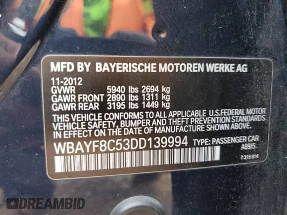 2013 BMW 7 Series 750Li xDrive with VIN WBAYF8C53DD139994, listed as a Copart auction lot 67231905 with 90,583 mi miles and Salvage title. Bid and sale history available at DreamBid. Image 13.