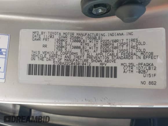 2004 Toyota Sienna XLE z VIN 5TDBA22C04S010412, wystawiony jako IAAI lot #43476943 z przebiegiem 141 596 mil mil oraz . Historia ofert i sprzedaży dostępna na DreamBid. Obrazek 9.