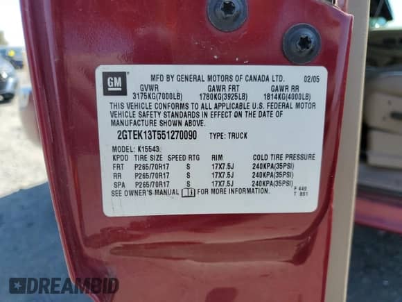 2005 GMC Sierra 1500 SLT z VIN 2GTEK13T551270090, wystawiony jako Copart lot #69110825 z przebiegiem 227 464 mil mil oraz Szkoda całkowita • Salvage title. Historia ofert i sprzedaży dostępna na DreamBid. Obrazek 12.