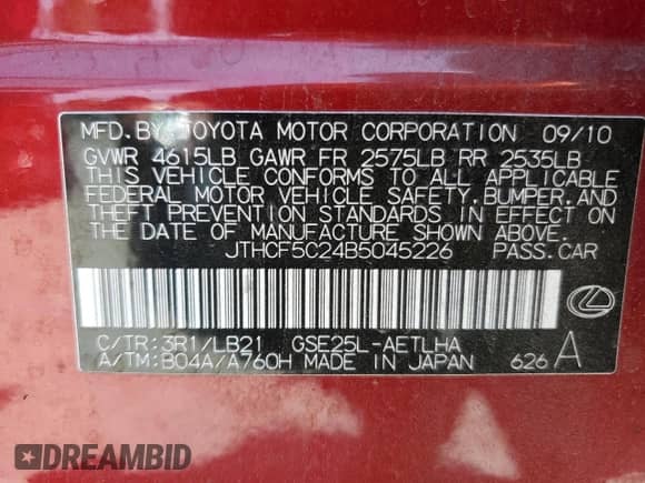 2011 Lexus IS 250 with VIN JTHCF5C24B5045226, listed as a Copart auction lot 59052945 with 166,764 mi miles and Salvage title. Bid and sale history available at DreamBid. Image 12.