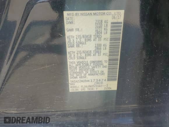 2017 Nissan Murano SL with VIN 5N1AZ2MG9HN173474, listed as a Copart auction lot 63089665 with 100,055 mi miles and Salvage title. Bid and sale history available at DreamBid. Image 12.