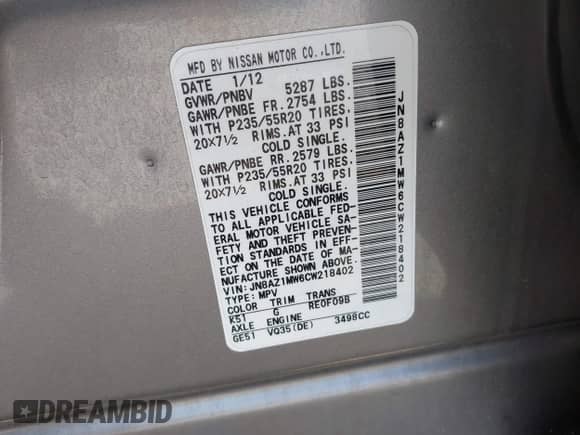 2012 Nissan Murano SL с VIN JN8AZ1MW6CW218402, выставлен на аукционе IAAI как лот 43066224 с пробегом 81 581 миль миль и . История ставок и продаж доступна на DreamBid. Изображение 9.