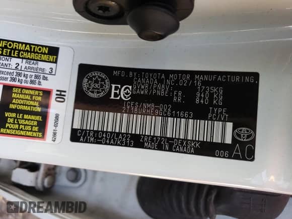 2016 Toyota Corolla L с VIN 2T1BURHE9GC611663, выставлен на аукционе Copart как лот 87093405 с пробегом 121 212 миль миль и Чистый • Clean title. История ставок и продаж доступна на DreamBid. Изображение 13.