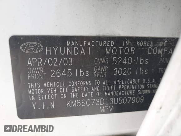 2003 Hyundai Santa Fe GLS z VIN KM8SC73D13U507909, wystawiony jako IAAI lot #42507556 z przebiegiem 216 986 mil mil oraz . Historia ofert i sprzedaży dostępna na DreamBid. Obrazek 9.