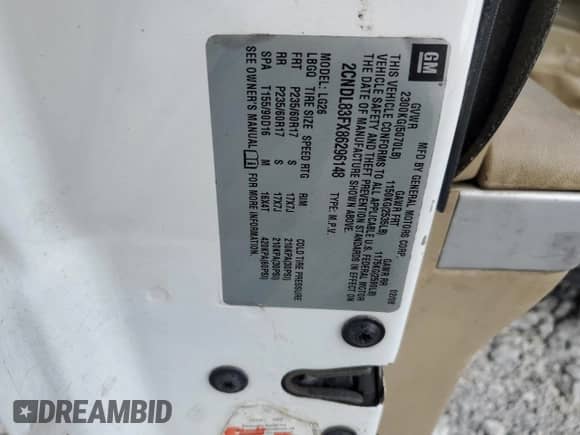 2008 Chevrolet Equinox LTZ с VIN 2CNDL83FX86296148, выставлен на аукционе Copart как лот 74897464 с пробегом 230 354 миль миль и Списание • Salvage title. История ставок и продаж доступна на DreamBid. Изображение 13.