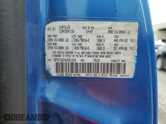 1998 Dodge 2500 with VIN 3B7KF26Z3WM221543, listed as a Copart auction lot 72395024 with 48,660 mi miles and Salvage title. Bid and sale history available at DreamBid. Image 12.