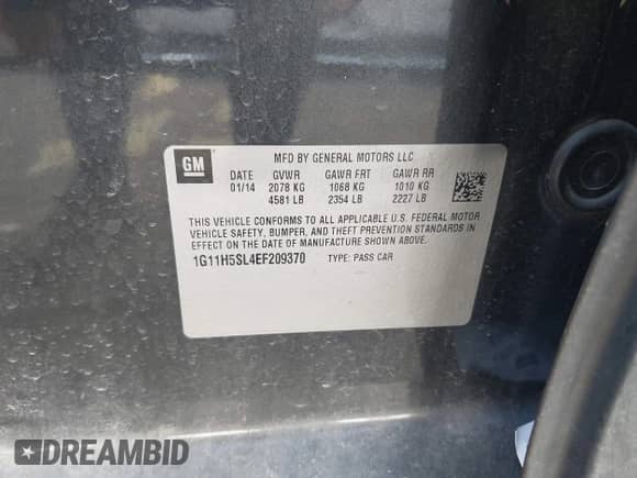 2014 Chevrolet Malibu LTZ with VIN 1G11H5SL4EF209370, listed as a IAAI auction lot 43001036 with 173,102 mi miles and . Bid and sale history available at DreamBid. Image 9.