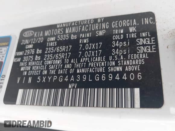 2020 Kia Sorento LX with VIN 5XYPG4A39LG694406, listed as a IAAI auction lot 43085393 with 108,132 mi miles and . Bid and sale history available at DreamBid. Image 9.
