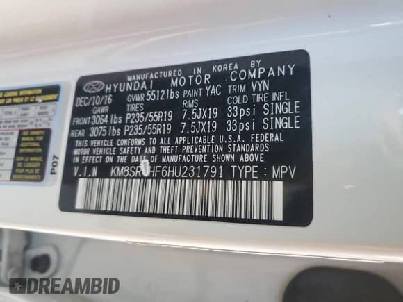 2017 Hyundai Santa Fe Limited Ultimate with VIN KM8SR4HF6HU231791, listed as a Copart auction lot 70204735 with 136,532 mi miles and Salvage title. Bid and sale history available at DreamBid. Image 14.