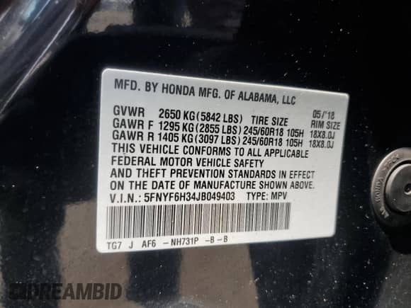 2018 Honda Pilot EX с VIN 5FNYF6H34JB049403, выставлен на аукционе Copart как лот 62136935 с пробегом 185 615 миль миль и Чистый • Clean title. История ставок и продаж доступна на DreamBid. Изображение 13.