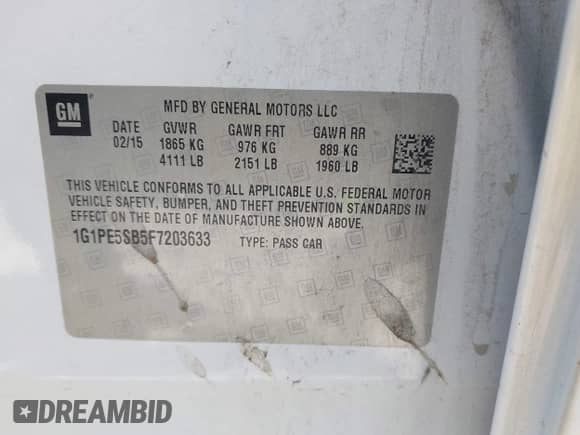 2015 Chevrolet Cruze LT with VIN 1G1PE5SB5F7203633, listed as a IAAI auction lot 43408197 with 211,909 mi miles and . Bid and sale history available at DreamBid. Image 9.