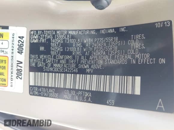 2014 Toyota Sienna XLE с VIN 5TDYK3DC5ES422546, выставлен на аукционе IAAI как лот 43227104 с пробегом 113 164 миль миль и . История ставок и продаж доступна на DreamBid. Изображение 9.