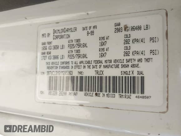 2000 Dodge 1500 with VIN 3B7HC13Y6YM205963, listed as a IAAI auction lot 43392455 with Not provided miles and . Bid and sale history available at DreamBid. Image 9.