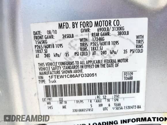 2010 Ford F-150 XL with VIN 1FTEW1C86AFD32051, listed as a Copart auction lot 68349155 with 229,896 mi miles and Salvage title. Bid and sale history available at DreamBid. Image 12.