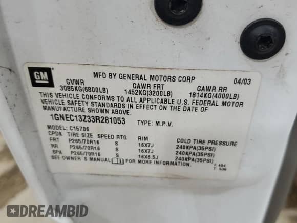 2003 Chevrolet Tahoe LS z VIN 1GNEC13Z33R281053, wystawiony jako Copart lot #69859815 z przebiegiem 167 551 mil mil oraz Szkoda całkowita • Salvage title. Historia ofert i sprzedaży dostępna na DreamBid. Obrazek 13.