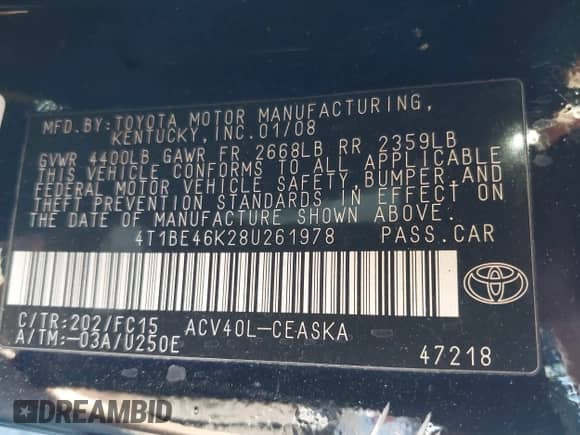 2008 Toyota Camry LE z VIN 4T1BE46K28U261978, wystawiony jako IAAI lot #40783814 z przebiegiem Nie podano mil oraz . Historia ofert i sprzedaży dostępna na DreamBid. Obrazek 9.