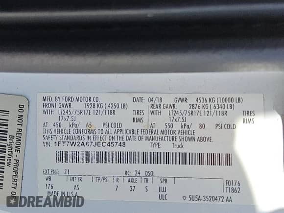 2018 Ford F-250 XL z VIN 1FT7W2A67JEC45748, wystawiony jako Copart lot #54447895 z przebiegiem 189 511 mil mil oraz Czysty tytuł • Clean title. Historia ofert i sprzedaży dostępna na DreamBid. Obrazek 13.