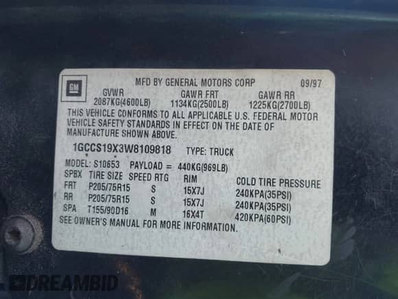 1998 Chevrolet S-10 LS z VIN 1GCCS19X3W8109818, wystawiony jako IAAI lot #42710287 z przebiegiem 345 553 mil mil oraz . Historia ofert i sprzedaży dostępna na DreamBid. Obrazek 9.