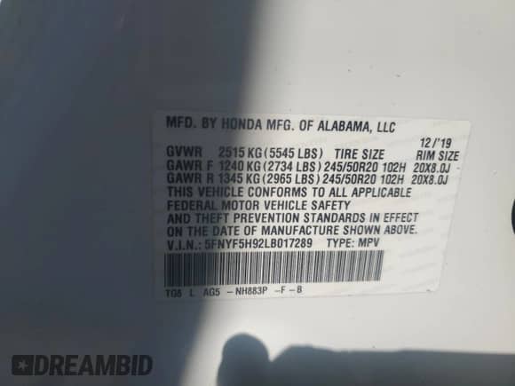 2020 Honda Pilot Touring 8-Passenger z VIN 5FNYF5H92LB017289, wystawiony jako Copart lot #55218385 z przebiegiem 66 330 mil mil oraz Szkoda całkowita • Salvage title. Historia ofert i sprzedaży dostępna na DreamBid. Obrazek 13.